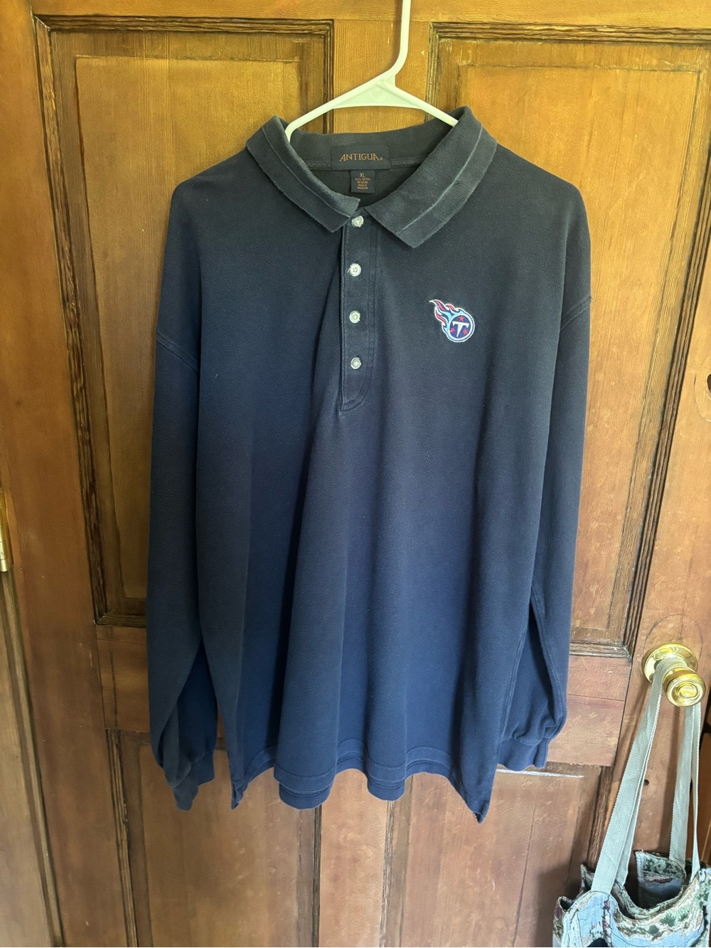 Vintage Antigua Men's Navy Long-Sleeve Polo with Tennessee Titans Logo